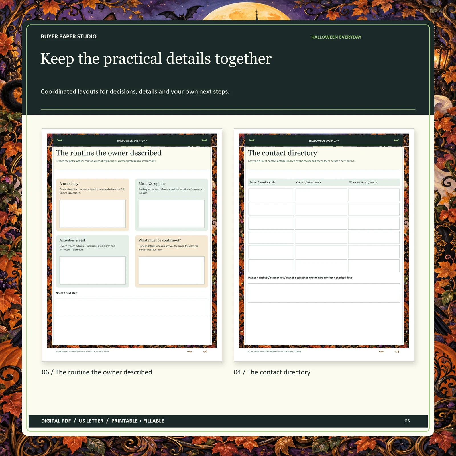 Actual blank pages 6 and 4 of Halloween Pet Care & Sitter Planner: The routine the owner described and The contact directory.