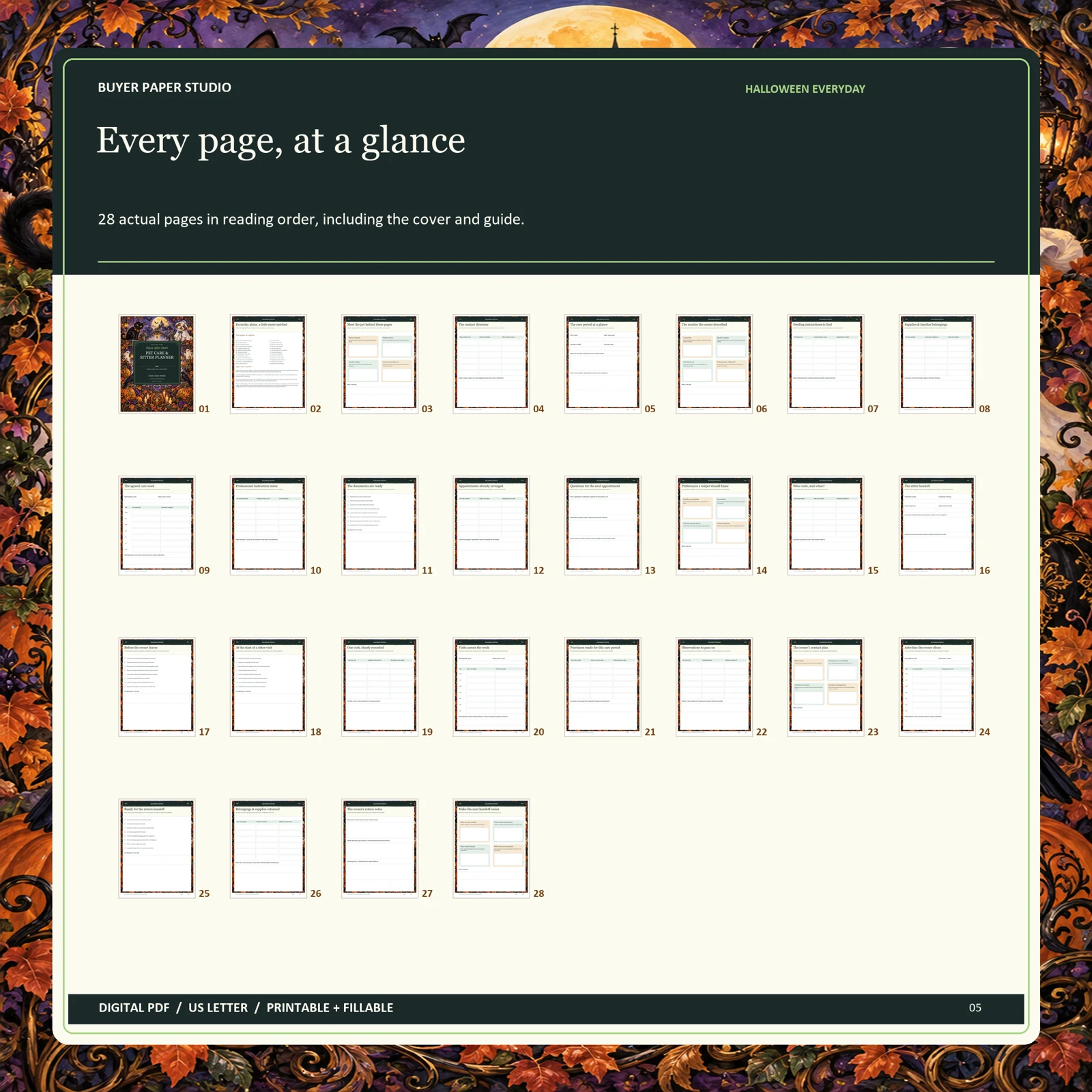 All 28 actual blank PDF pages of Halloween Pet Care & Sitter Planner, shown in reading order including its illustrated cover and guide.