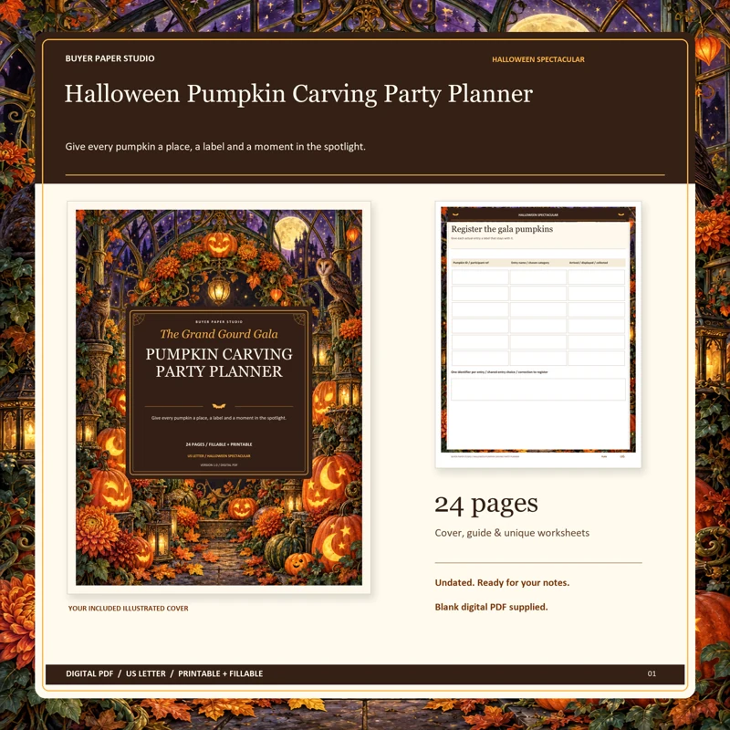 Actual illustrated cover and blank page 6, Register the gala pumpkins, from the 24-page Halloween Pumpkin Carving Party Planner. Printable and fillable US Letter digital PDF.