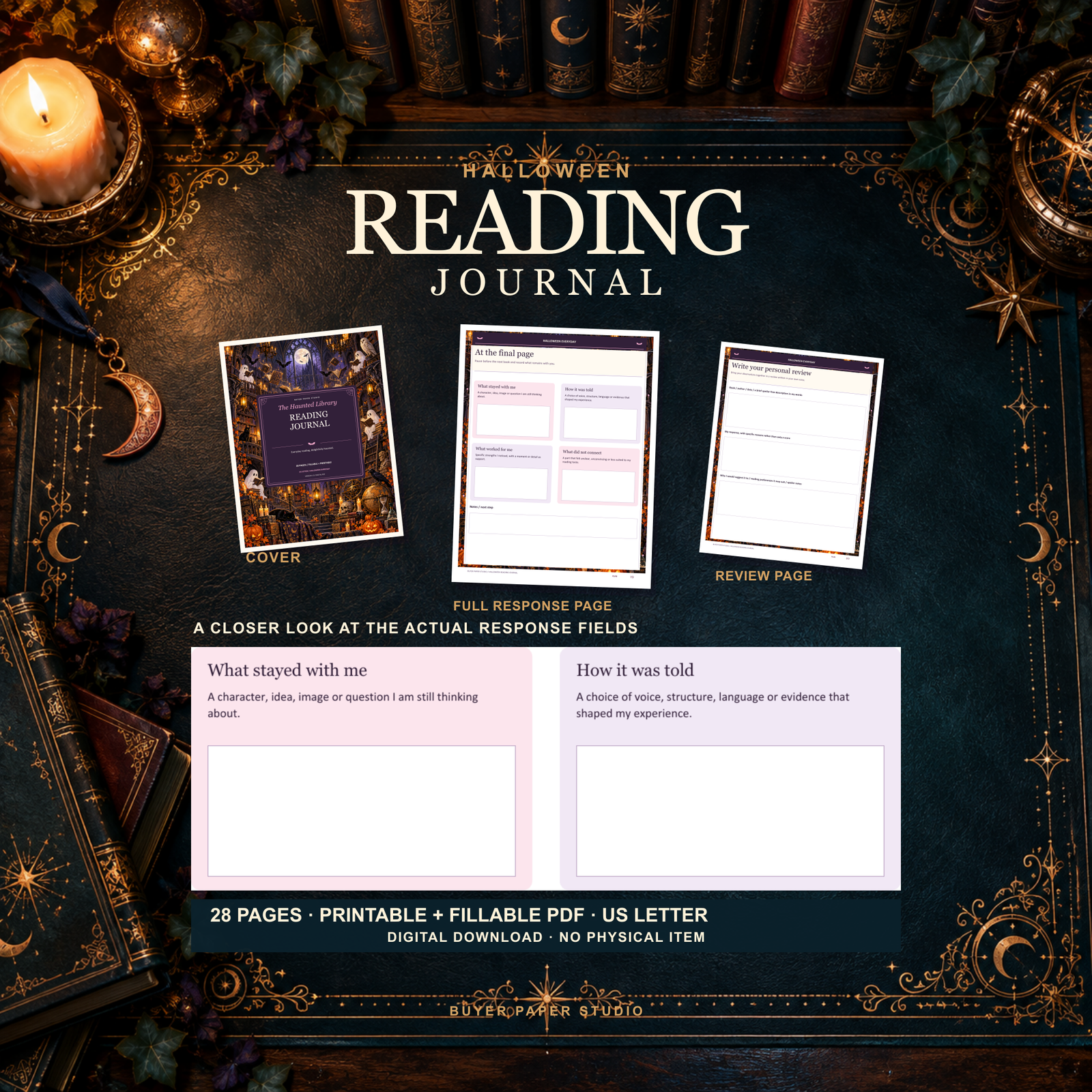 Halloween Reading Journal promotion in a candlelit library with its actual cover, response and review pages, plus a labeled close-up of the real reading-response fields. 28 printable and fillable US Letter PDF pages. Digital download; no physical item.