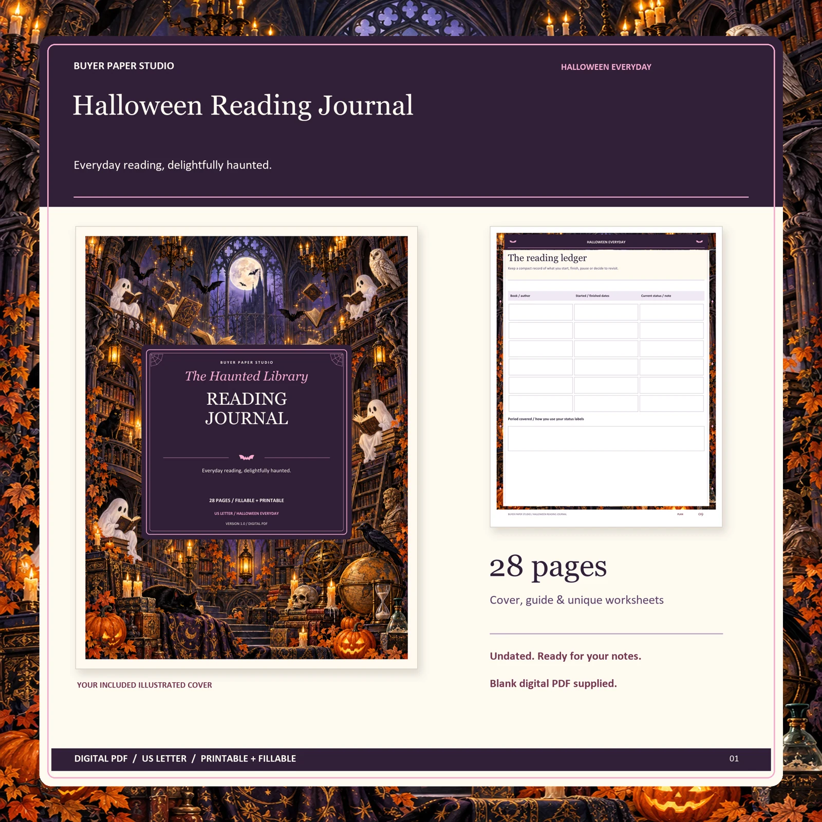 Actual illustrated cover and blank page 9, The reading ledger, from the 28-page Halloween Reading Journal. Printable and fillable US Letter digital PDF.