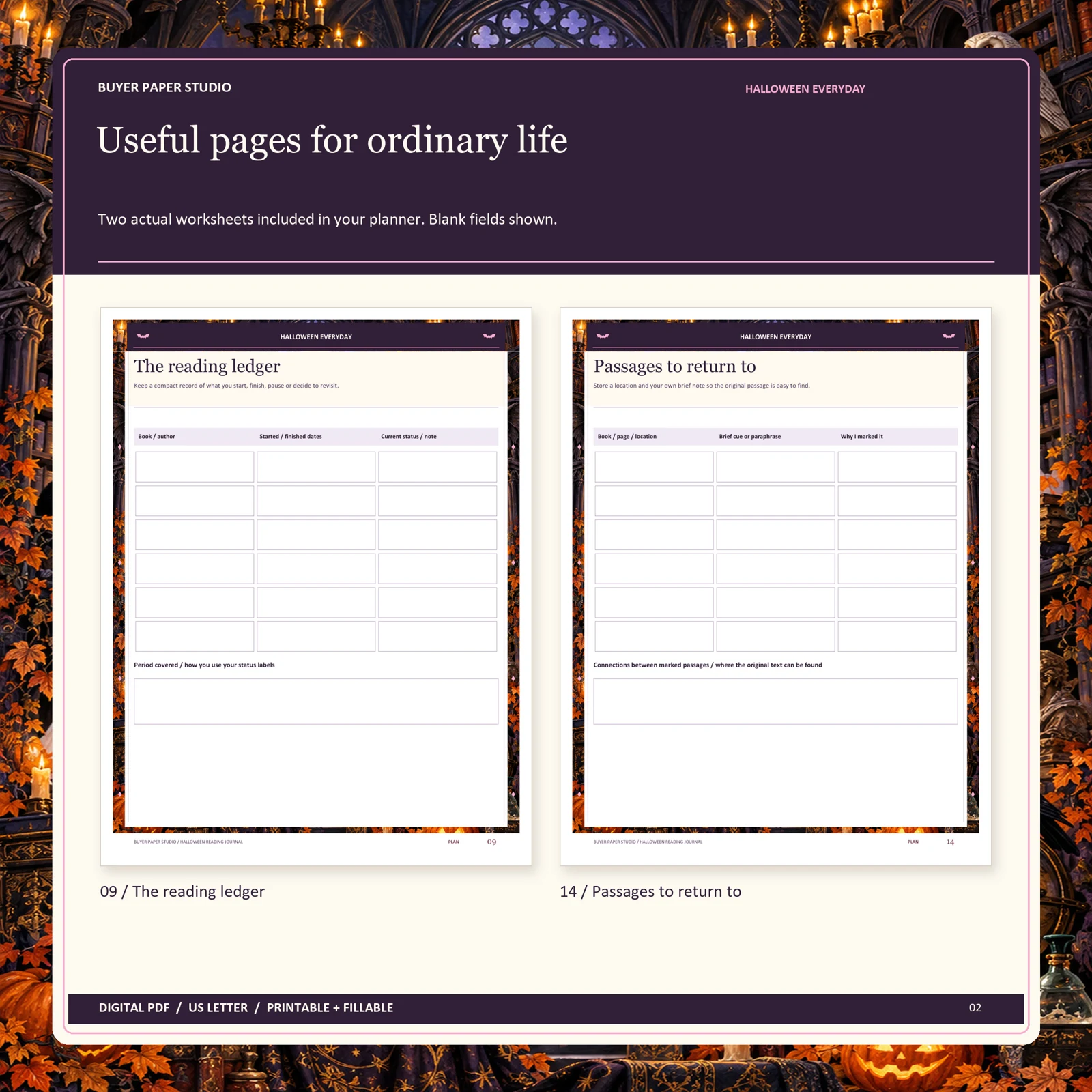 Actual blank pages 9 and 14 of Halloween Reading Journal: The reading ledger and Passages to return to.