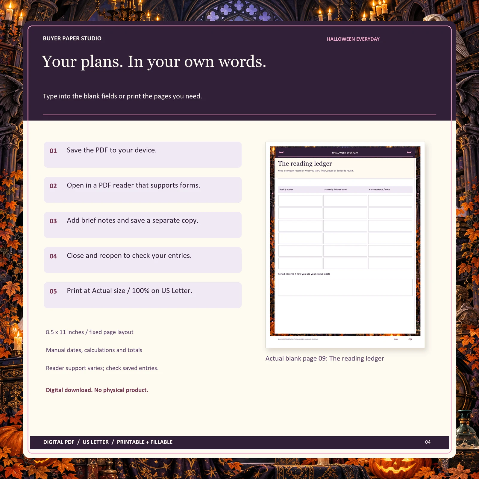 Save, fill and print directions alongside actual blank page 9 of Halloween Reading Journal. Requires a form-supporting PDF reader; fixed layout, manual calculations, US Letter 8.5 by 11 inches. No example entries or physical product shown.