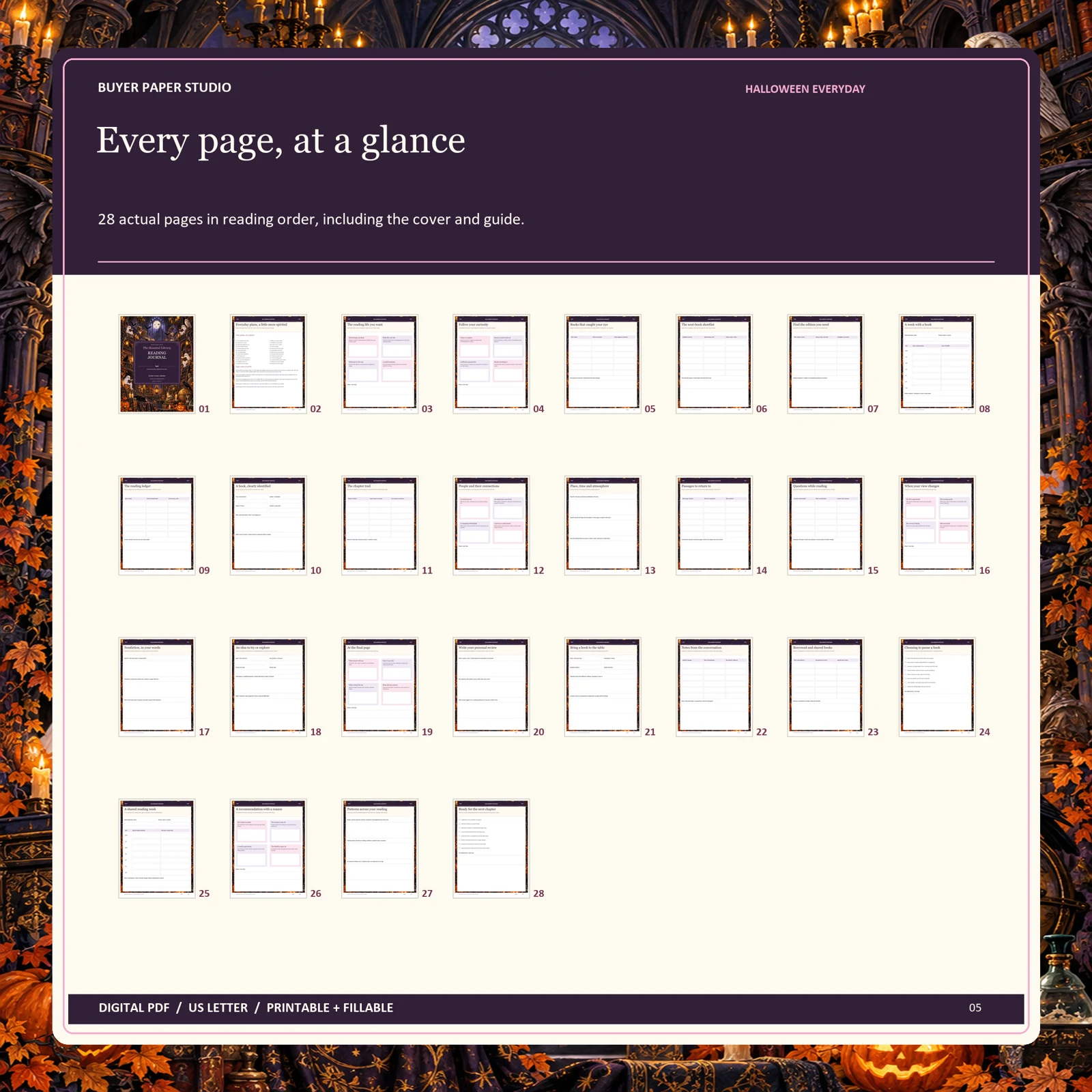 All 28 actual blank PDF pages of Halloween Reading Journal, shown in reading order including its illustrated cover and guide.