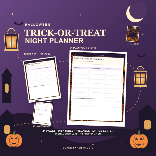 Halloween Trick-or-Treat Night Planner promotion with actual route, packing and homecoming worksheets on an original violet moonlit scene with lanterns. Small actual cover shown. 24 printable and fillable US Letter PDF pages; digital download, no physical item.