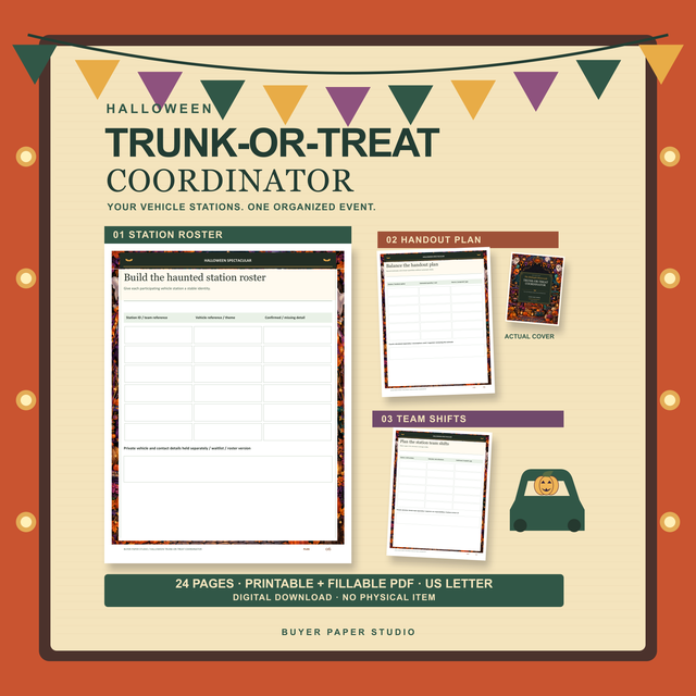 Halloween Trunk-or-Treat Coordinator promotion on a festive event board with actual station-roster, handout-plan and team-shift worksheets and the real cover. 24 printable and fillable US Letter PDF pages; digital download, no physical item.