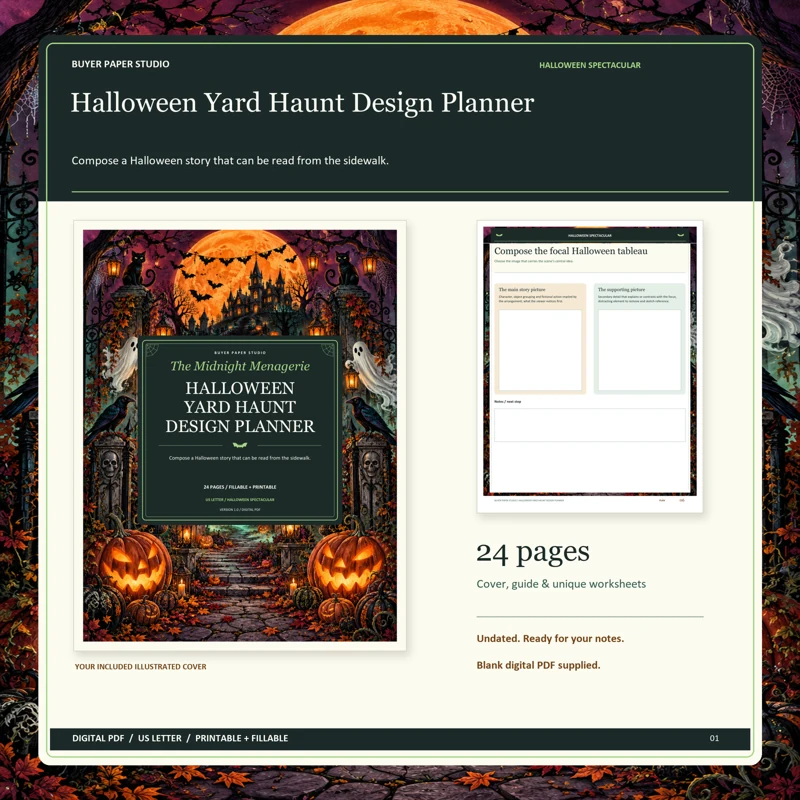 Actual illustrated cover and blank page 6, Compose the focal Halloween tableau, from the 24-page Halloween Yard Haunt Design Planner. Printable and fillable US Letter digital PDF.