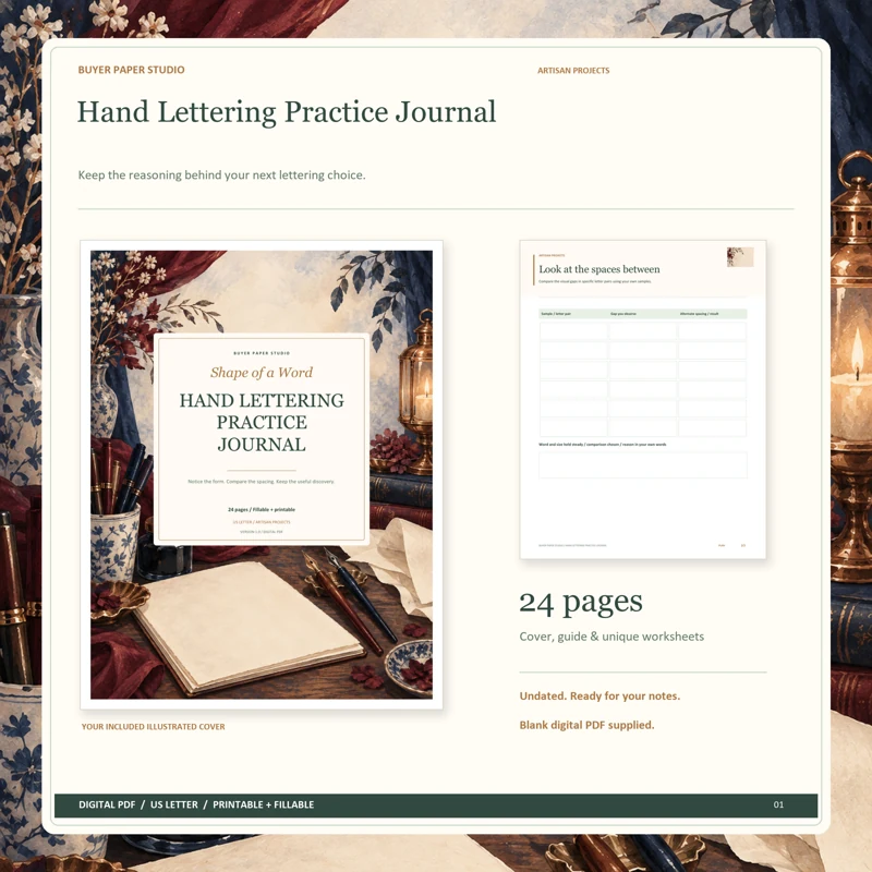 Actual illustrated cover and blank page 10, Look at the spaces between, from the 24-page Hand Lettering Practice Journal. Printable and fillable US Letter digital PDF.