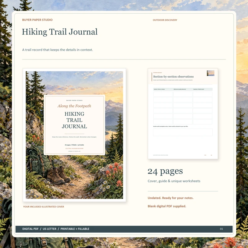Actual illustrated cover and blank page 14, Section-by-section observations, from the 24-page Hiking Trail Journal. Printable and fillable US Letter digital PDF.