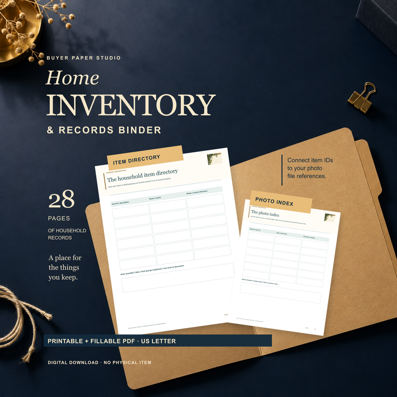 Archival navy and kraft scene with actual household item directory and photo index for written file references. 28-page printable and fillable US Letter PDF. Digital download; no physical item.
