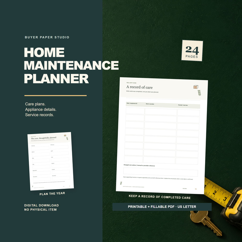Architectural split design with actual service-record and annual planning pages from the Home Maintenance Binder. 24-page printable and fillable US Letter PDF; digital download, no physical item.