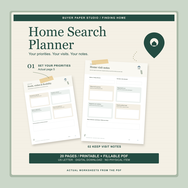 Home Search Planner with actual Needs, wishes and flexibility and Home visit notes worksheets on a green editorial board. 20-page printable and fillable US Letter PDF. Digital download; no physical item.