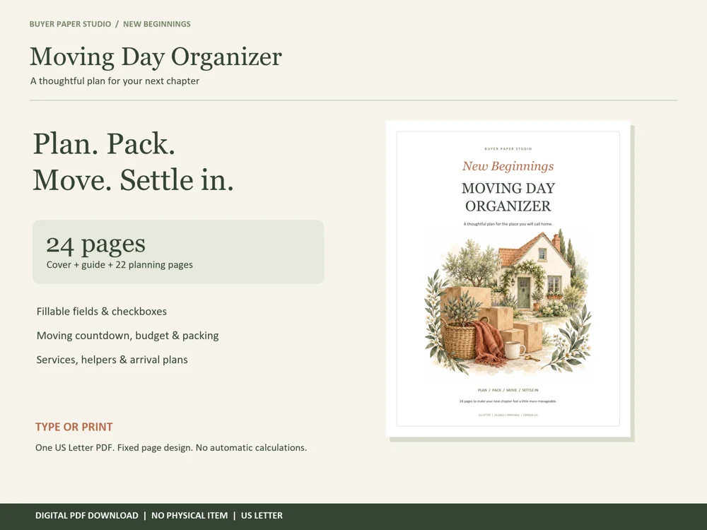 Moving Day Organizer New Beginnings cover and worksheets