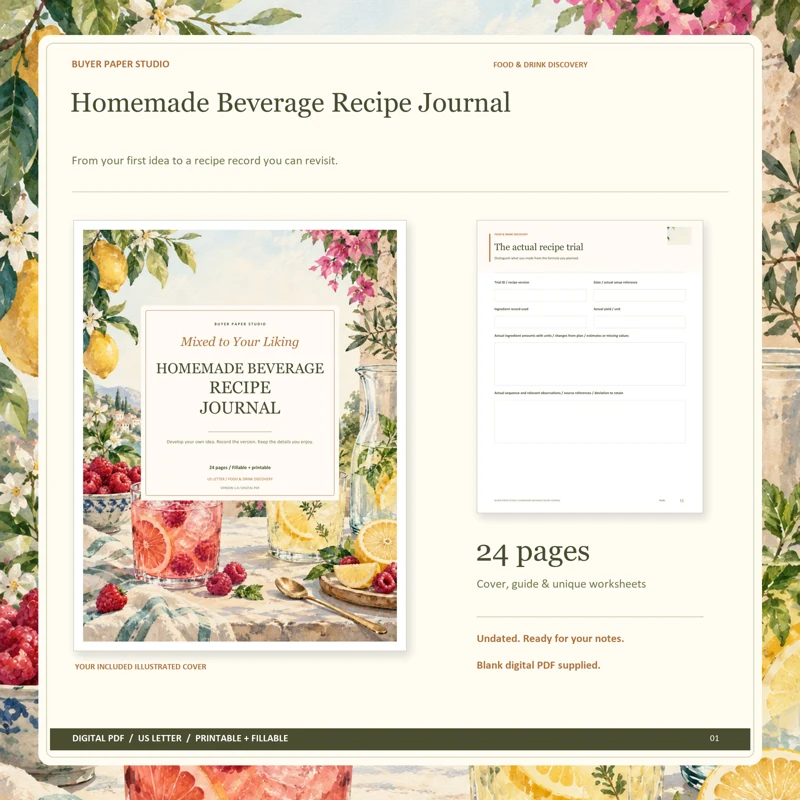 Actual illustrated cover and blank page 13, The actual recipe trial, from the 24-page Homemade Beverage Recipe Journal. Printable and fillable US Letter digital PDF.