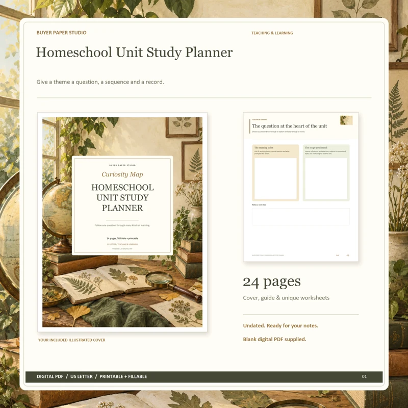 Actual illustrated cover and blank page 3, The question at the heart of the unit, from the 24-page Homeschool Unit Study Planner. Printable and fillable US Letter digital PDF.