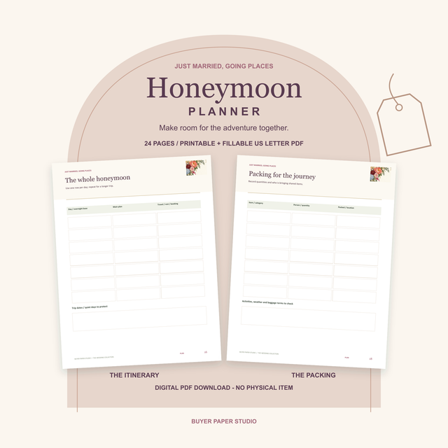 Honeymoon Planner with the actual The whole honeymoon itinerary and Packing for the journey worksheets in an open planning spread. 24-page printable and fillable US Letter PDF; digital download, no physical item.