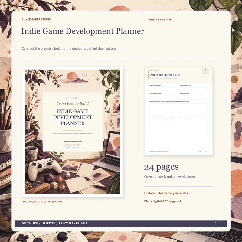Actual illustrated cover and blank page 5, Define one playable slice, from the 24-page Indie Game Development Planner. Printable and fillable US Letter digital PDF.