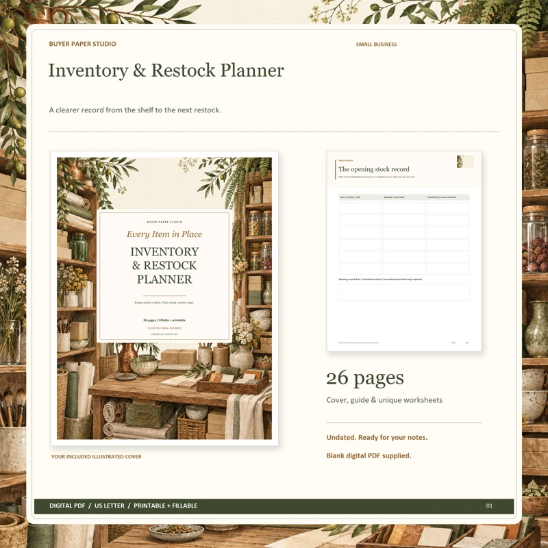 Actual illustrated cover and blank page 7, The opening stock record, from the 26-page Inventory & Restock Planner. Printable and fillable US Letter digital PDF.
