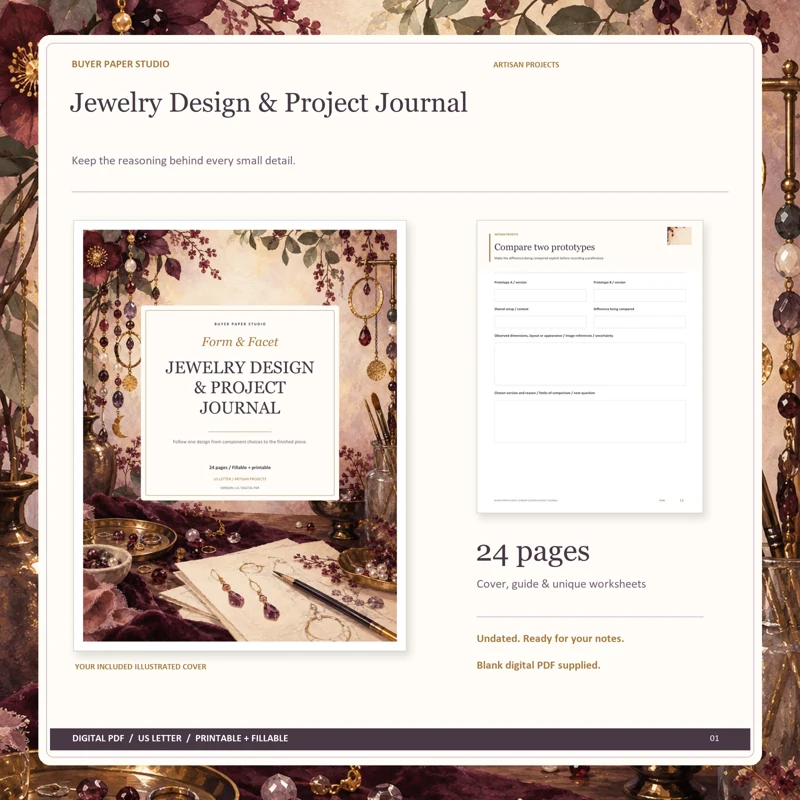 Actual illustrated cover and blank page 12, Compare two prototypes, from the 24-page Jewelry Design & Project Journal. Printable and fillable US Letter digital PDF.