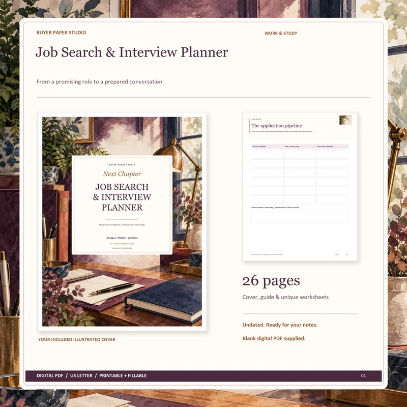 Actual illustrated cover and blank page 10, The application pipeline, from the 26-page Job Search & Interview Planner. Printable and fillable US Letter digital PDF.