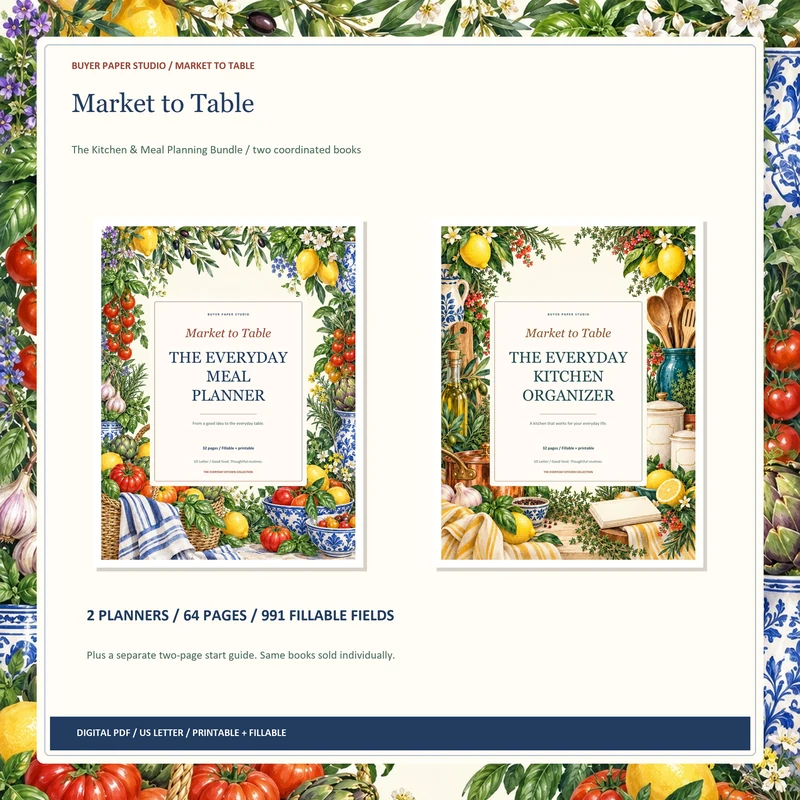 Two actual planner covers. Meal Planner and Kitchen Organizer, 64 planner pages plus a two-page start guide.