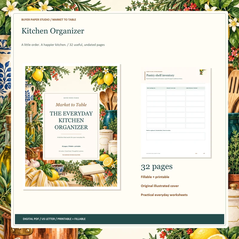 Actual cover and included worksheet from Kitchen Organizer. 32-page US Letter fillable PDF.