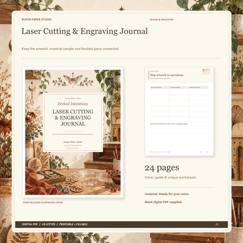Actual illustrated cover and blank page 6, Map artwork to operations, from the 24-page Laser Cutting & Engraving Journal. Printable and fillable US Letter digital PDF.