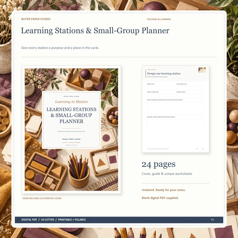 Actual illustrated cover and blank page 5, Design one learning station, from the 24-page Learning Stations & Small-Group Planner. Printable and fillable US Letter digital PDF.