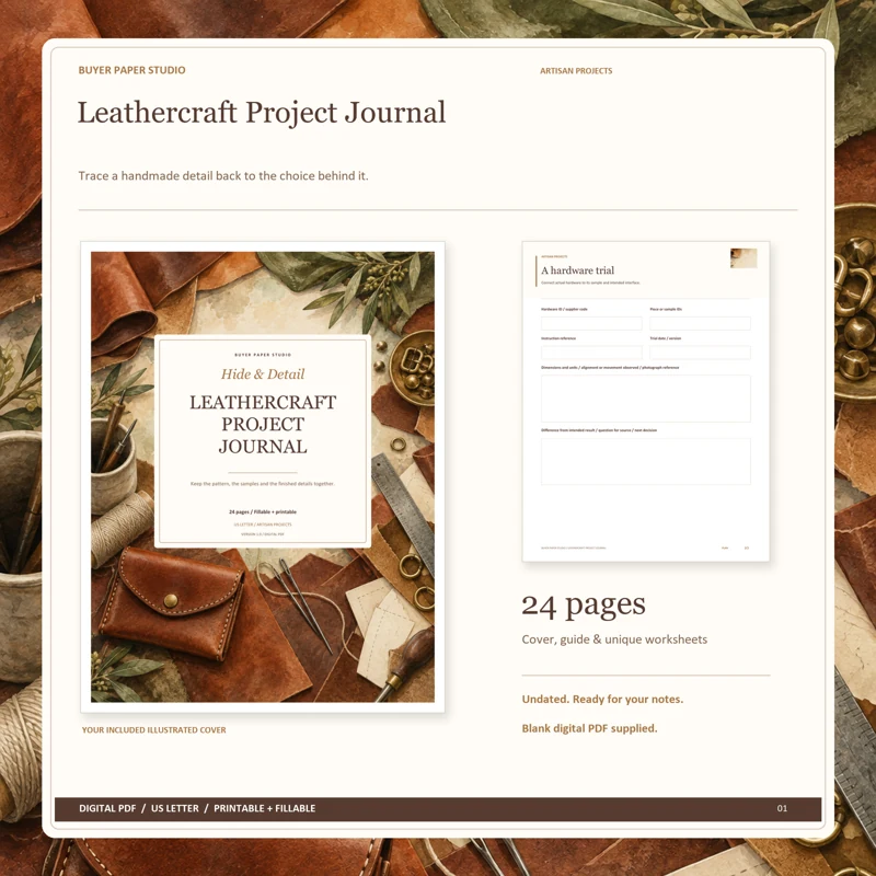 Actual illustrated cover and blank page 10, A hardware trial, from the 24-page Leathercraft Project Journal. Printable and fillable US Letter digital PDF.