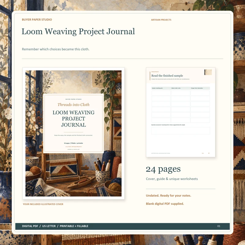 Actual illustrated cover and blank page 18, Read the finished sample, from the 24-page Loom Weaving Project Journal. Printable and fillable US Letter digital PDF.