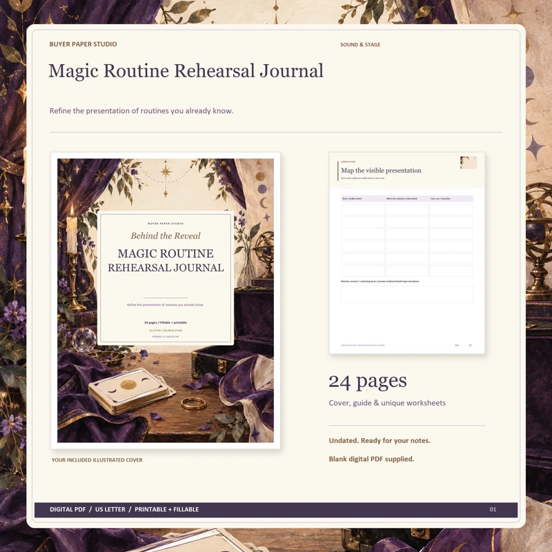 Actual illustrated cover and blank page 7, Map the visible presentation, from the 24-page Magic Routine Rehearsal Journal. Printable and fillable US Letter digital PDF.