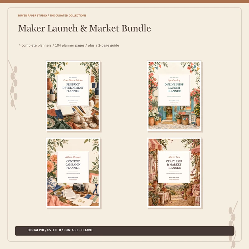 Actual covers of all 4 included planners in Maker Launch & Market Bundle. 104 planner pages plus a separate two-page guide. Digital PDF collection.