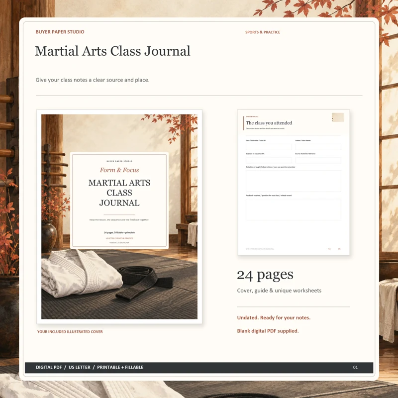 Actual illustrated cover and blank page 6, The class you attended, from the 24-page Martial Arts Class Journal. Printable and fillable US Letter digital PDF.
