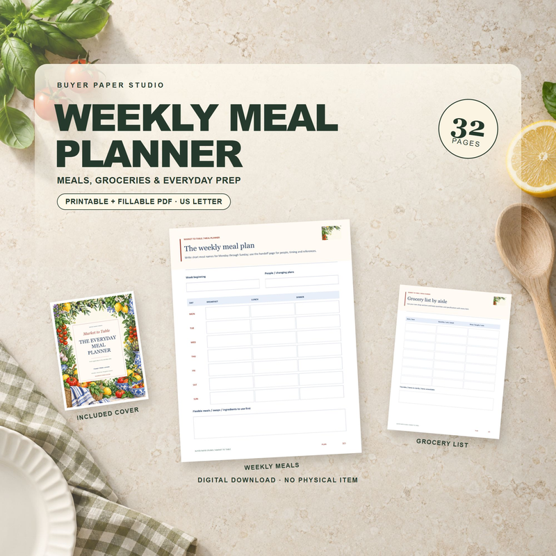 Overhead warm kitchen scene with the actual weekly meal sheet large, actual grocery-list sheet beside it and a small included cover. 32-page printable and fillable US Letter PDF; digital download, no physical item.