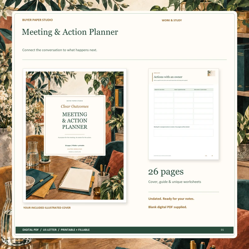 Actual illustrated cover and blank page 16, Actions with an owner, from the 26-page Meeting & Action Planner. Printable and fillable US Letter digital PDF.
