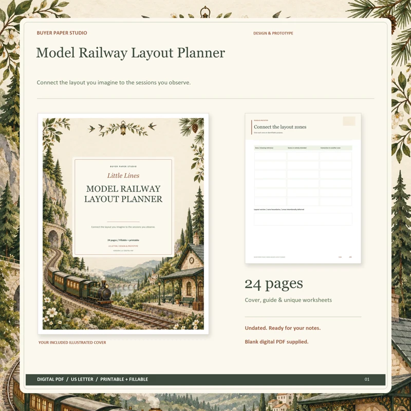 Actual illustrated cover and blank page 6, Connect the layout zones, from the 24-page Model Railway Layout Planner. Printable and fillable US Letter digital PDF.