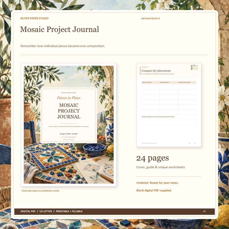 Actual illustrated cover and blank page 16, Compare dry placements, from the 24-page Mosaic Project Journal. Printable and fillable US Letter digital PDF.