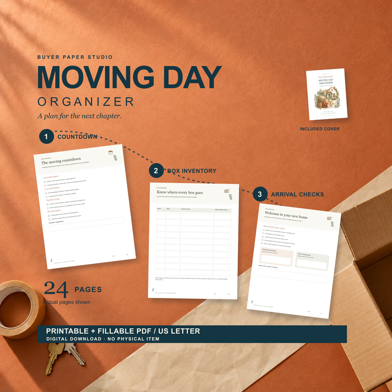Moving Day Organizer digital PDF promotion with the actual countdown, box inventory and arrival-check worksheets arranged diagonally on a terracotta packing table. Includes 24 US Letter printable and fillable pages; no physical item.