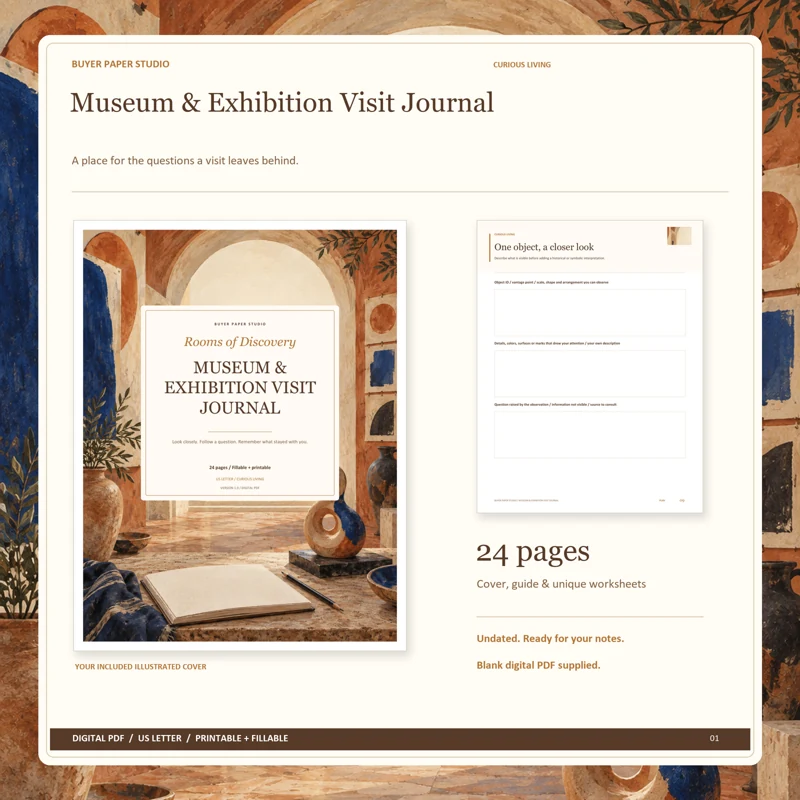 Actual illustrated cover and blank page 9, One object, a closer look, from the 24-page Museum & Exhibition Visit Journal. Printable and fillable US Letter digital PDF.
