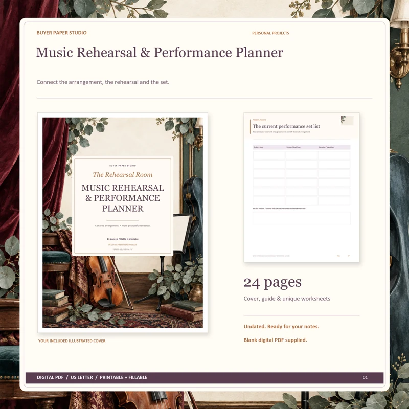Actual illustrated cover and blank page 17, The current performance set list, from the 24-page Music Rehearsal & Performance Planner. Printable and fillable US Letter digital PDF.