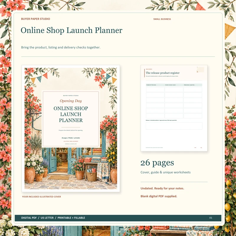 Actual illustrated cover and blank page 4, The release product register, from the 26-page Online Shop Launch Planner. Printable and fillable US Letter digital PDF.