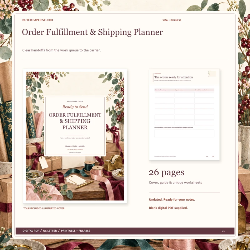Actual illustrated cover and blank page 5, The orders ready for attention, from the 26-page Order Fulfillment & Shipping Planner. Printable and fillable US Letter digital PDF.