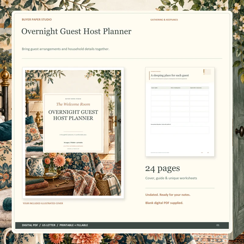 Actual illustrated cover and blank page 6, A sleeping place for each guest, from the 24-page Overnight Guest Host Planner. Printable and fillable US Letter digital PDF.