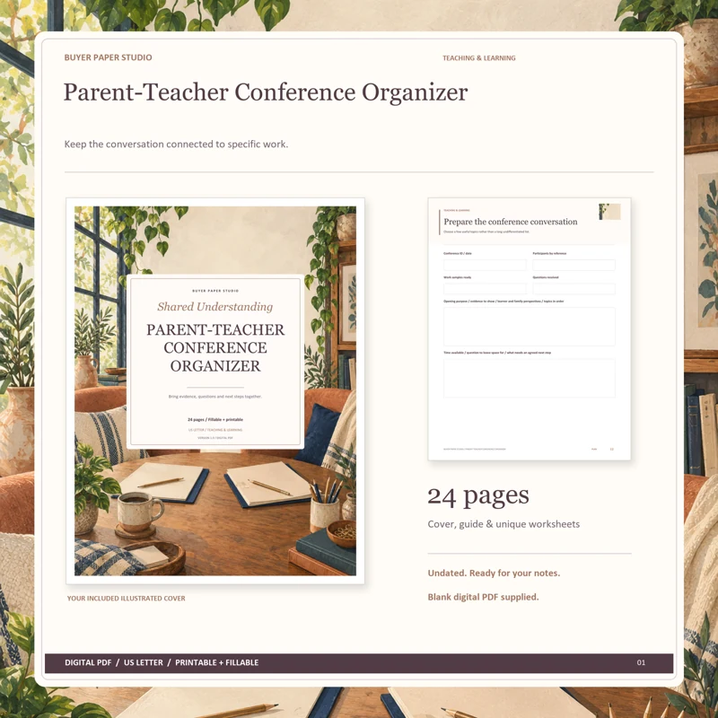 Actual illustrated cover and blank page 12, Prepare the conference conversation, from the 24-page Parent-Teacher Conference Organizer. Printable and fillable US Letter digital PDF.