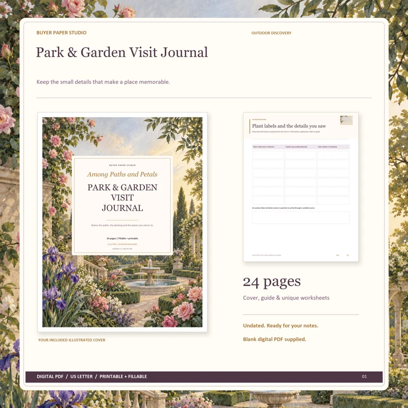 Actual illustrated cover and blank page 13, Plant labels and the details you saw, from the 24-page Park & Garden Visit Journal. Printable and fillable US Letter digital PDF.