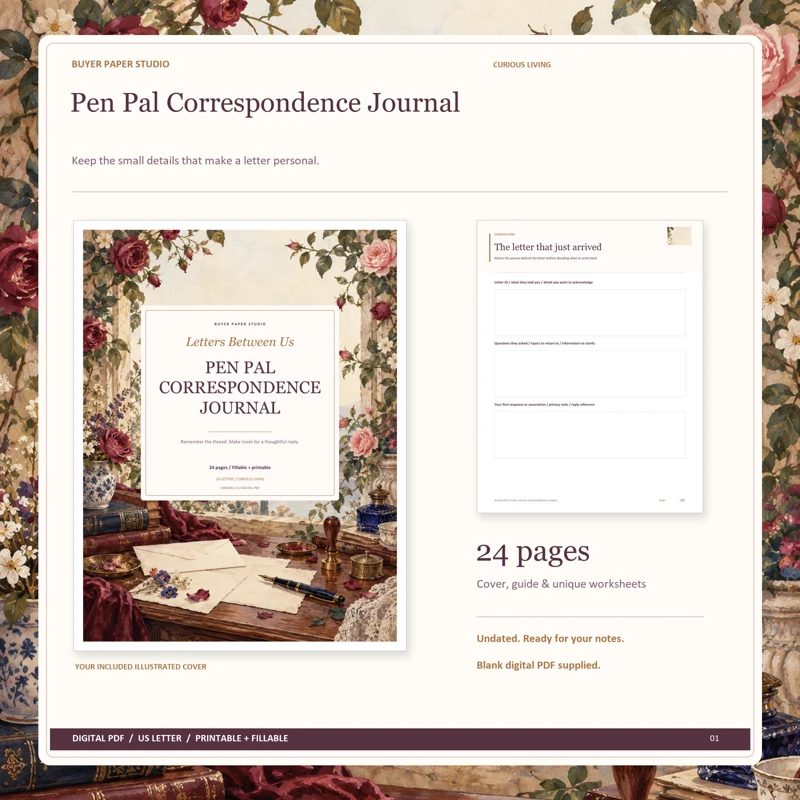 Actual illustrated cover and blank page 8, The letter that just arrived, from the 24-page Pen Pal Correspondence Journal. Printable and fillable US Letter digital PDF.