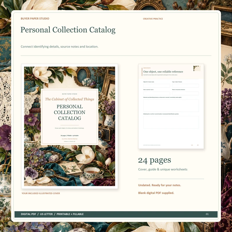 Actual illustrated cover and blank page 6, One object, one reliable reference, from the 24-page Personal Collection Catalog. Printable and fillable US Letter digital PDF.