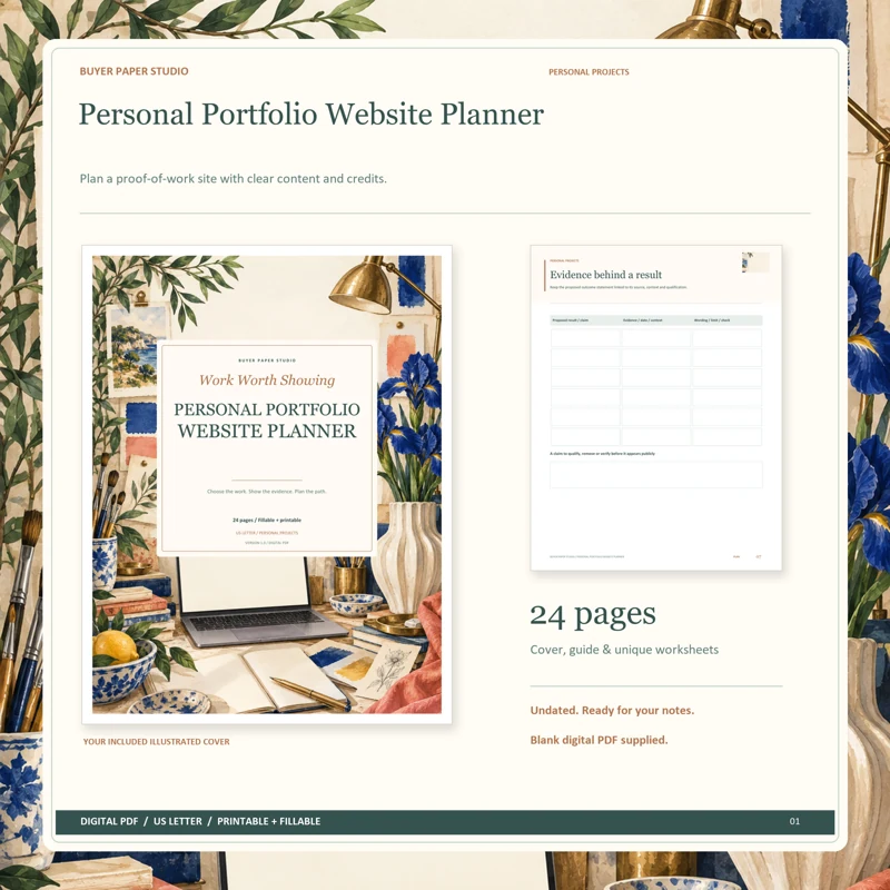 Actual illustrated cover and blank page 7, Evidence behind a result, from the 24-page Personal Portfolio Website Planner. Printable and fillable US Letter digital PDF.