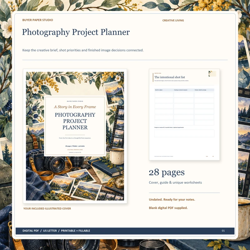 Actual illustrated cover and blank page 10, The intentional shot list, from the 28-page Photography Project Planner. Printable and fillable US Letter digital PDF.