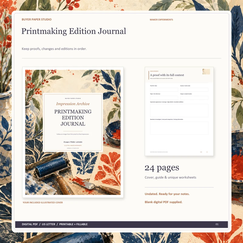 Actual illustrated cover and blank page 11, A proof with its full context, from the 24-page Printmaking Edition Journal. Printable and fillable US Letter digital PDF.